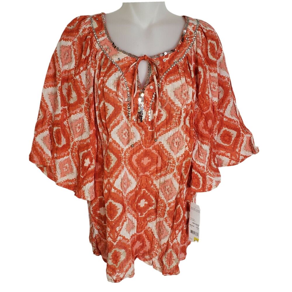 Notations Womens Blouse Small Embellished Tie Neck Keyhole Crinkle Top Bell Slv